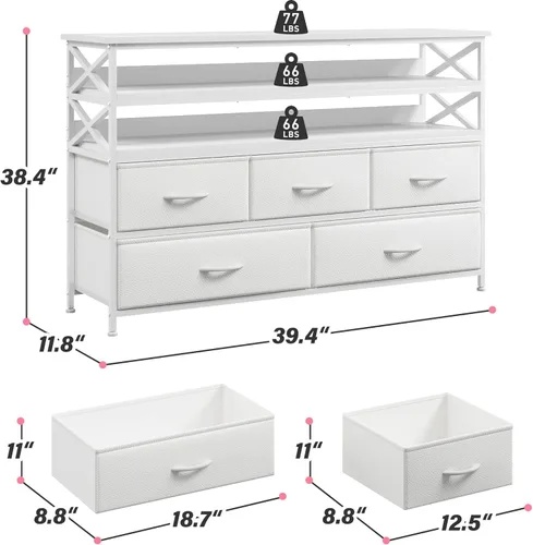 Vista 2 de Soporte de TV blanco para TV de 50 pulgadas, cómoda resistente para dormitorio con 5 cajones de tela y estantes abiertos de madera, cómoda