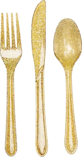Vista 3 de Surtido de cubiertos de plástico Glitz Premium de 24 piezas, purpurina roja