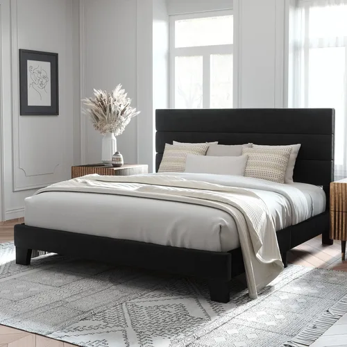 Vista 20 de Allewie Base de cama de plataforma tamaño Queen con cabecera tapizada de terciopelo y soporte de listones de madera, base de colchón completa,
