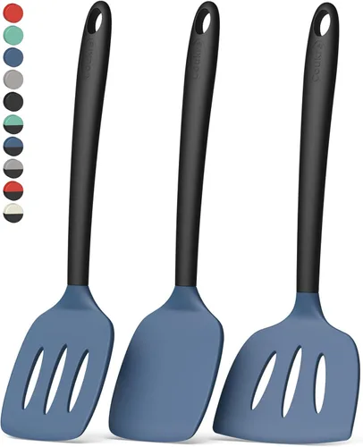 Vista 7 de Coukre Juego de 3 espátulas de silicona, resistentes a altas temperaturas, sin BPA, espátulas para pescado, mango sólido y ranurado para sartenes