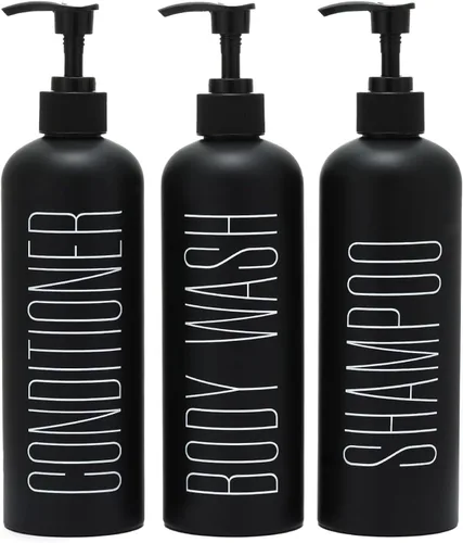 HOMCDALY Dispensador de champú y acondicionador negro, paquete de 3 botellas de bomba recargables de 16 onzas, botellas dispensadoras de champú