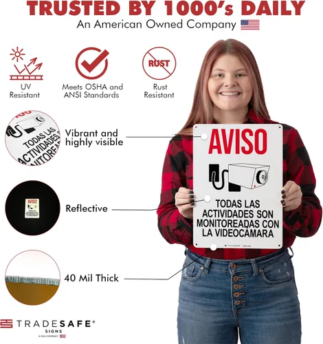 Vista 2 de TRADESAFE Señal de videovigilancia - Monitoreadas con la Videocámara Señal de Seguridad de Aluminio Español, Instalación Rápida, Reflectante de Luz