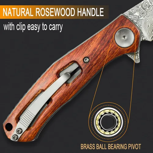 Vista 6 de Cuchillo de bolsillo plegable de Damasco AUBEY hecho a mano con clip para hombres, cuchillo de caza de Damasco EDC con bloqueo de vástago