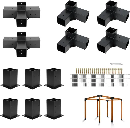 Vista 8 de Kit de soportes para cenador – 2 juegos 4x4 (real: 3.5 x 3.5) 4 vías ángulo recto soportes de esquina con base de poste de pérgola para madera de 4
