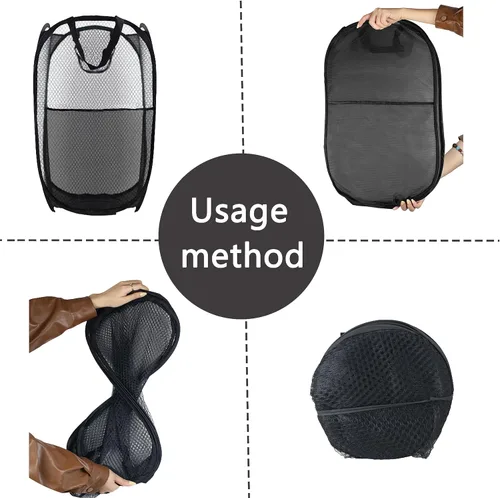 Vista 3 de Cesta plegable para ropa sucia, bolsa plegable de malla extragrande, 28 x 16 x 16 pulgadas, paquete de 2 (negro)