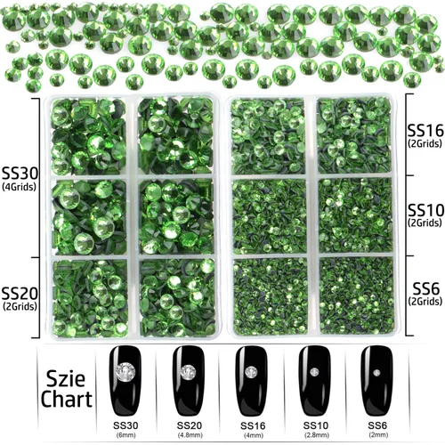 Vista 4 de LPBeads 6400 piezas de pedrería termoadhesiva peridoto con base plana, 5 tamaños mixtos, gemas de cristal redondas de vidrio con pinzas y lápiz
