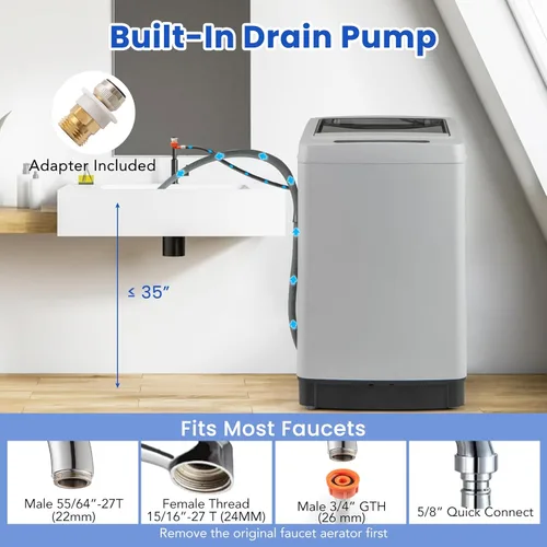 Vista 7 de COSTWAY Lavadora portátil, lavadora portátil completamente automática de 11 libras con 8 modos, 10 niveles de agua, pantalla LED y bomba de drenaje