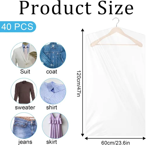 Vista 2 de 40 bolsas de limpieza en seco para colgar ropa, bolsas de plástico transparente de 23.6 x 47.2 in, fundas protectoras de ropa, bolsas de ropa