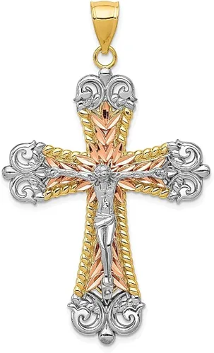 Collar con dije religioso de oro blanco amarillo de 14 quilates, tricolor, con flor de lis, joyería fina para mujer, regalos para ella