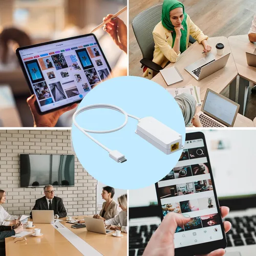 Vista 6 de Convertidor Gigabit PoE a USB C para teléfono inteligente/tableta, adaptador USB-C a Ethernet con carga de 10 W, alimentación y datos 2 en 1 puerto