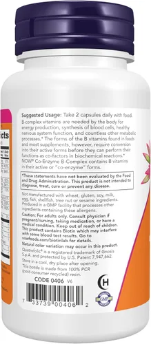 Vista 3 de NOW Suplementos, complejo de coenzima B con ácido alfa lipoico y CoQ10, salud nutricional, 60 cápsulas vegetales