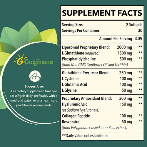 Vista 2 de Glutatión liposomal de 2000 mg, 10 veces mejor absorción, suplemento de glutatión con ácido hialurónico + péptido de colágeno + resveratrol, potente