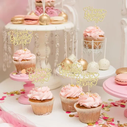Vista 5 de 24 piezas de decoración de cupcakes con purpurina dorada para el día de San Valentín, temática de San Valentín, fiesta de cumpleaños, suministros