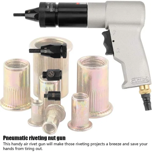 Vista 6 de Pistola de tuerca de remache neumática, tuerca de arrastre de aire automática con mandril de tuerca con accesorios, puerto de entrada de 1/4