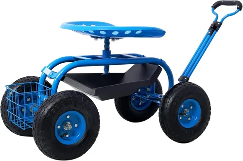 Patinete con ruedas para carrito de jardín, cuenta con mango de dirección extensible, asiento giratorio y bandeja de herramientas (Azul)