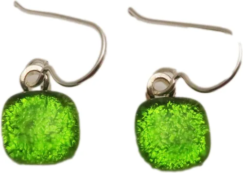 Bright Chartreuse Green Fused Dichroic Glass Earrings Sterling Silver Earrings N334