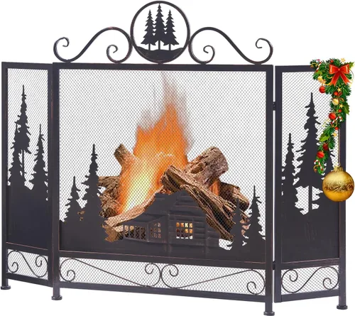 Vista 6 de Vanity Art Pantalla plegable de hierro para chimenea de 3 paneles con puerta Malla decorativa de granja, protector de chispas para chimenea