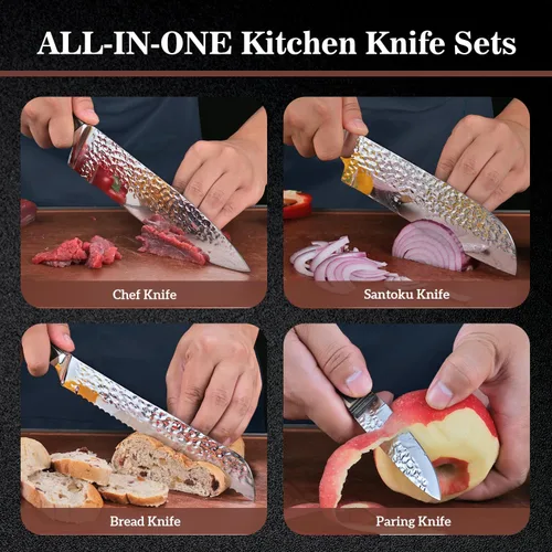 Vista 6 de Knife Sets for Kitchen, Knife Set with Block and Sharpener, High Carbon Stainless Steel Chef Knives with Grey Triple Rivet Handle, Ultra Sharp and