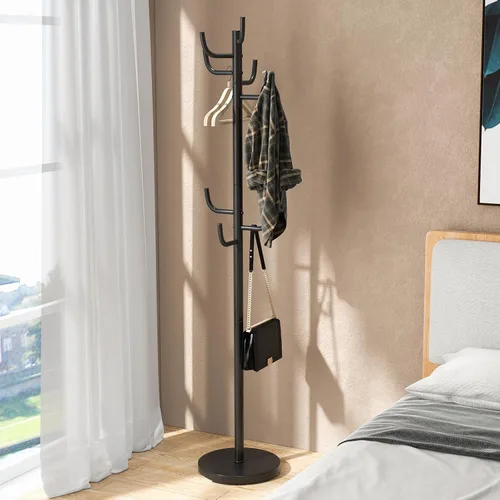 Vista 2 de Tangkula Perchero independiente, árbol de metal resistente con 8 ganchos, soporte para colgar abrigos con base ampliada de 13 pulgadas, árbol