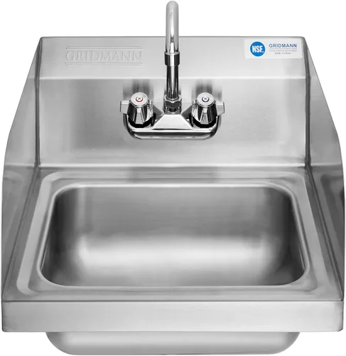 Vista 2 de GRIDMANN Fregadero comercial de acero inoxidable NSF con grifo y salpicaduras laterales - Lavabo de lavado de manos de montaje en pared