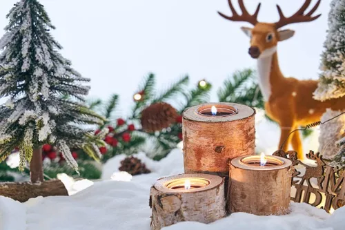 Vista 3 de Portavelas rústico de madera para decoración de mesa de madera para decoración de fiesta (paquete de 3 alturas surtidas)