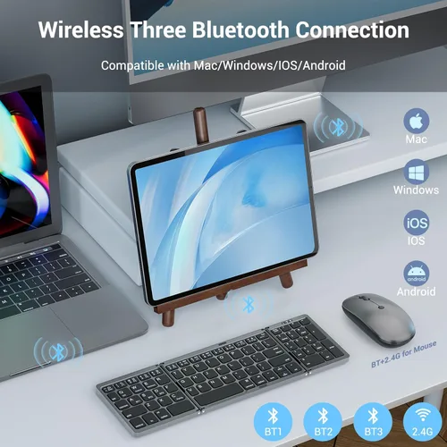 Vista 3 de Teclado y mouse plegables para computadora portátil, teclado plegable Bluetooth de viaje con funda portátil, teclado recargable para negocios, 2.4G