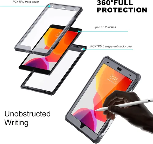 Vista 3 de ShellBox Case Funda impermeable para iPad 10.2 de 9ª/8ª/7ª generación, resistente a prueba de golpes, protector de pantalla integrado con correa
