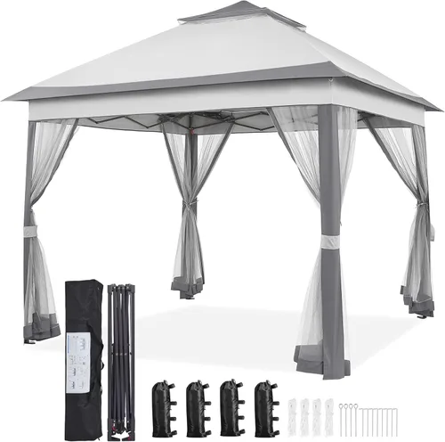 Vista 10 de Yaheetech Carpa de campaña instantánea desplegable de 11 x 11 pies con 17 luces LED solares y mosquitero con cremallera, refugio al aire libre