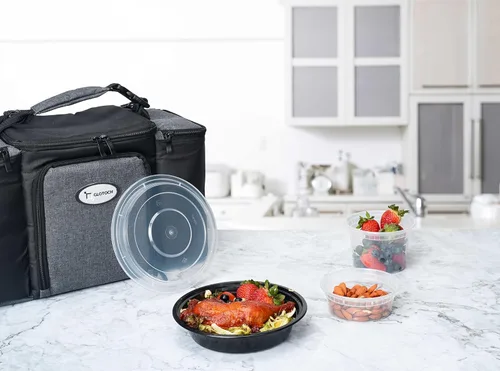 Vista 6 de Glotoch Express Recipientes redondos de plástico negro de 16 onzas, paquete de 150 unidades, reutilizables, aptos para microondas, congelador