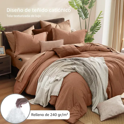 Vista 3 de Monbix - Juego de edredón Queen de 7 piezas, teñido catiónico, hojas de otoño, ropa de cama en una bolsa, con edredón, sábanas, fundas de almohada