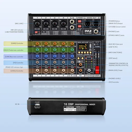 Vista 2 de Mezclador de audio Bluetooth profesional Pyle DJ - Mezclador de sonido con controlador DJ de 6 canales con DSP, 16 efectos preestablecidos, interfaz