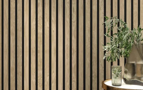 Vista 6 de Paquete de 2 paneles acústicos de pared de madera de 94 x 12.6 pulgadas, listones 3D insonorizados para paredes y techos, elegantes paneles Nogal