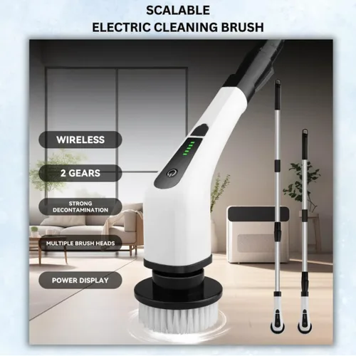 Vista 8 de Limpiador eléctrico giratorio, cepillo de limpieza inalámbrico con 8 cabezales reemplazables, mango ajustable, limpiador eléctrico de doble
