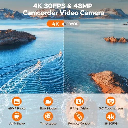 Vista 2 de Videocámara 4K de 48 MP, cable de cámara de visión nocturna IR, pantalla táctil de rotación de 270 ° de 3.0 pulgadas, cámara de vlogging con zoom