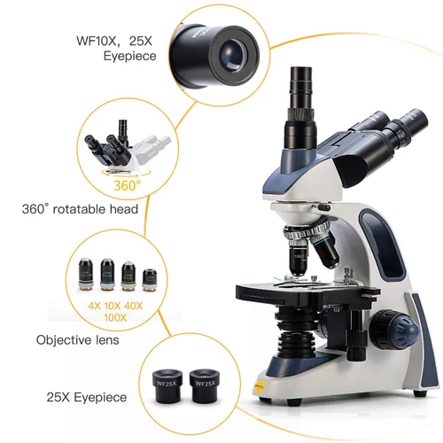 Vista 2 de Swift Microscopio trinocular compuesto SW380T, aumento 40X-2500X, etapa mecánica de dos capas, cámara de 5.0 MP y software compatible con WindowsMac