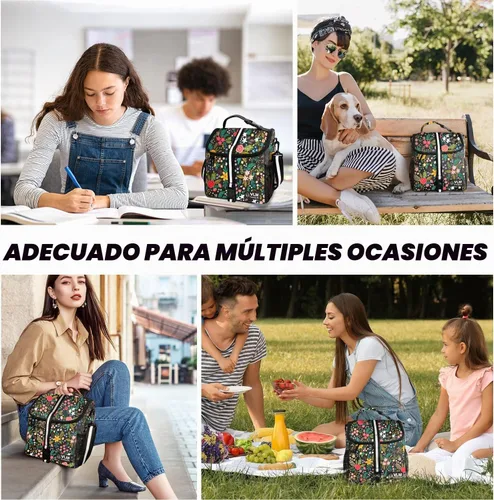 Vista 7 de VLM - Bolsas de almuerzo para mujer, lonchera floral aislada a prueba de fugas con correa de hombro ajustable, bolsa de picnic reutilizable con Negro