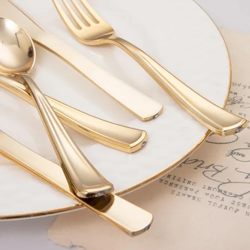 Vista 9 de Liacere 200 piezas de cubiertos de plástico dorados - Cubiertos de plástico dorados desechables incluyen 100 tenedores, 50 cucharas, 50 cuchillos.