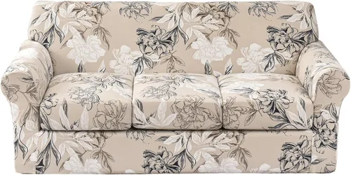 Vista 29 de KRFOONN Funda de sofá de 4 piezas con estampado para sofás de 3 cojines, funda elástica con 3 fundas de cojín separadas, protector de muebles