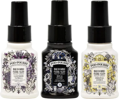 Poo-Pourri - Espray para inodoro, Cítricos Originales, Lavanda Vanilla y Royal Flush, botellas de 1.4 oz