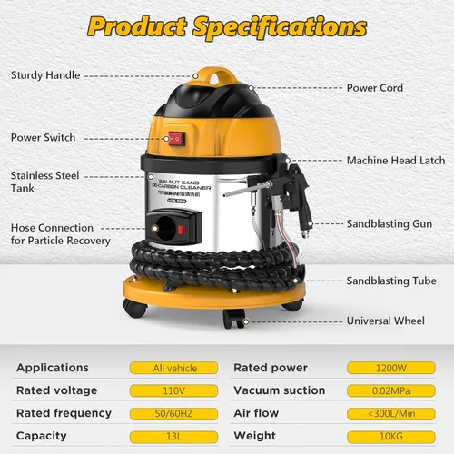 Vista 9 de BELEY Walnut Blaster, HTS558 - Máquina limpiadora de válvula de admisión de motor, 110 V, removedor de carbono para limpieza de carbono con arena