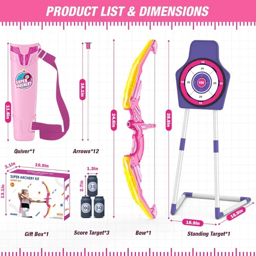Vista 8 de Arco y flecha para niños, juego de tiro con arco con luz LED con 12 flechas de ventosa, 1 objetivo de pie, 3 objetivos de puntuación y 1 carcaj