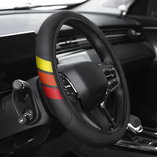 Vista 6 de Funda de cuero prémium para volante compatible con Dodge Charger Challenger Durango RAM 1500 coches, ajuste universal de 14 a 15 pulgadas Rayas