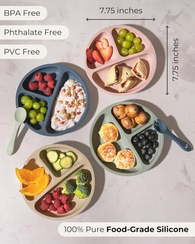 Vista 2 de Hippypotamus Platos para niños pequeños con succión, platos para bebés 100% de silicona de grado alimenticio con tapas, aptos para microondas