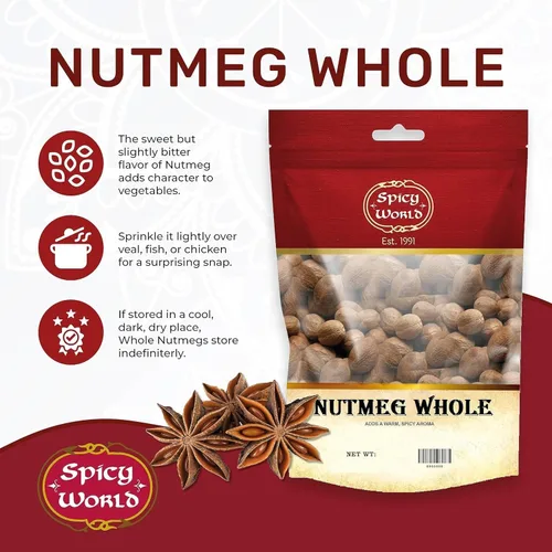 Vista 2 de Spicy World Nuez Moscada Entera Bolsa de 12 Onzas - ¡Más de 60 Piezas! - Pura, Sin OGM, Totalmente Natural, Vegana