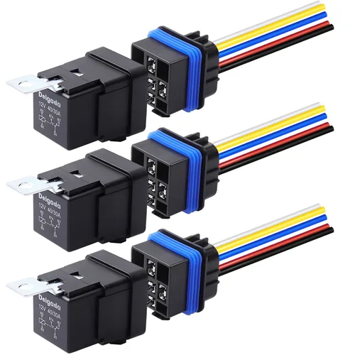 Delgada Relé de 40/30 amperios 12 V impermeable para automóvil, 5 pines SPDT con juego de enchufes de arnés 14 AWG cables de cobre para barco,