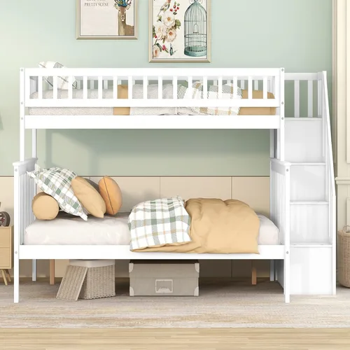 Vista 58 de Harper & Bright Designs Litera de tamaño matrimonial sobre matrimonial con 3 cajones, litera de madera maciza con almacenamiento y riel