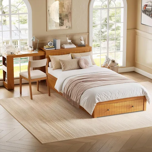Vista 23 de VilroCaz Moderna cama de plataforma de tamaño matrimonial con cabecera de almacenamiento, base de cama de plataforma de madera maciza con nido