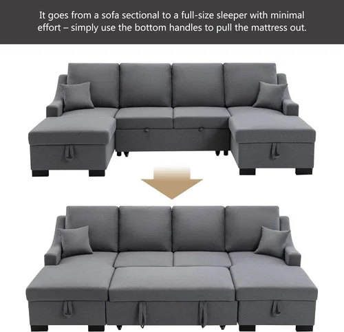 Vista 7 de AMNOOL Upholstered Sectional Sleeper Sectional Pull Out Sofa Bed U Shape Sectional Sofa with Double Storage and 2 Throwable Cushions for Living Room