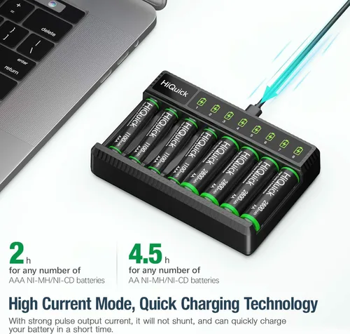 Vista 2 de HiQuick Cargador de batería inteligente de 8 bahías con batería 4AA y 4AAA + 16 pilas recargables AAA