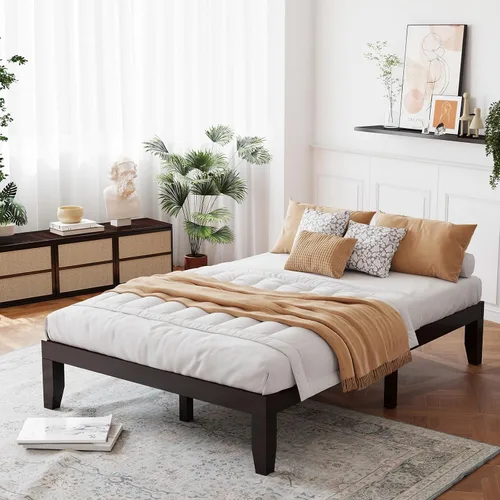 Vista 18 de Giantex Marco de Cama de Plataforma de Madera Individual de 14 Pulgadas, Base de Colchón Minimalista con Madera de Caucho Sólida, Soporte